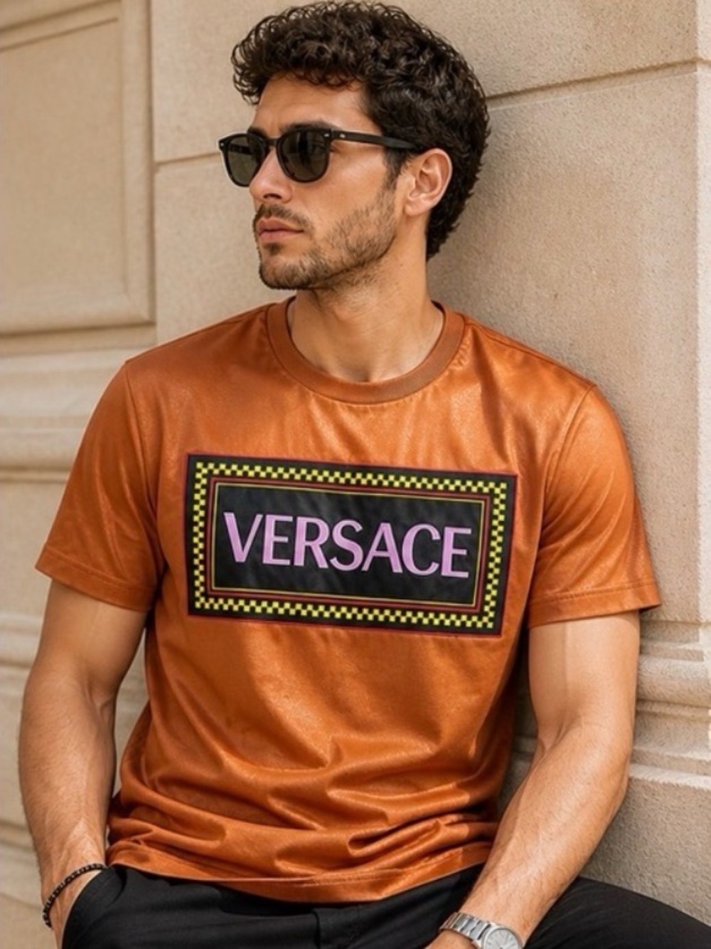 Unisex Versace Orange Short-Sleeve Logo Tee Black Patch Size 40 Fits - Picture 10 of 11